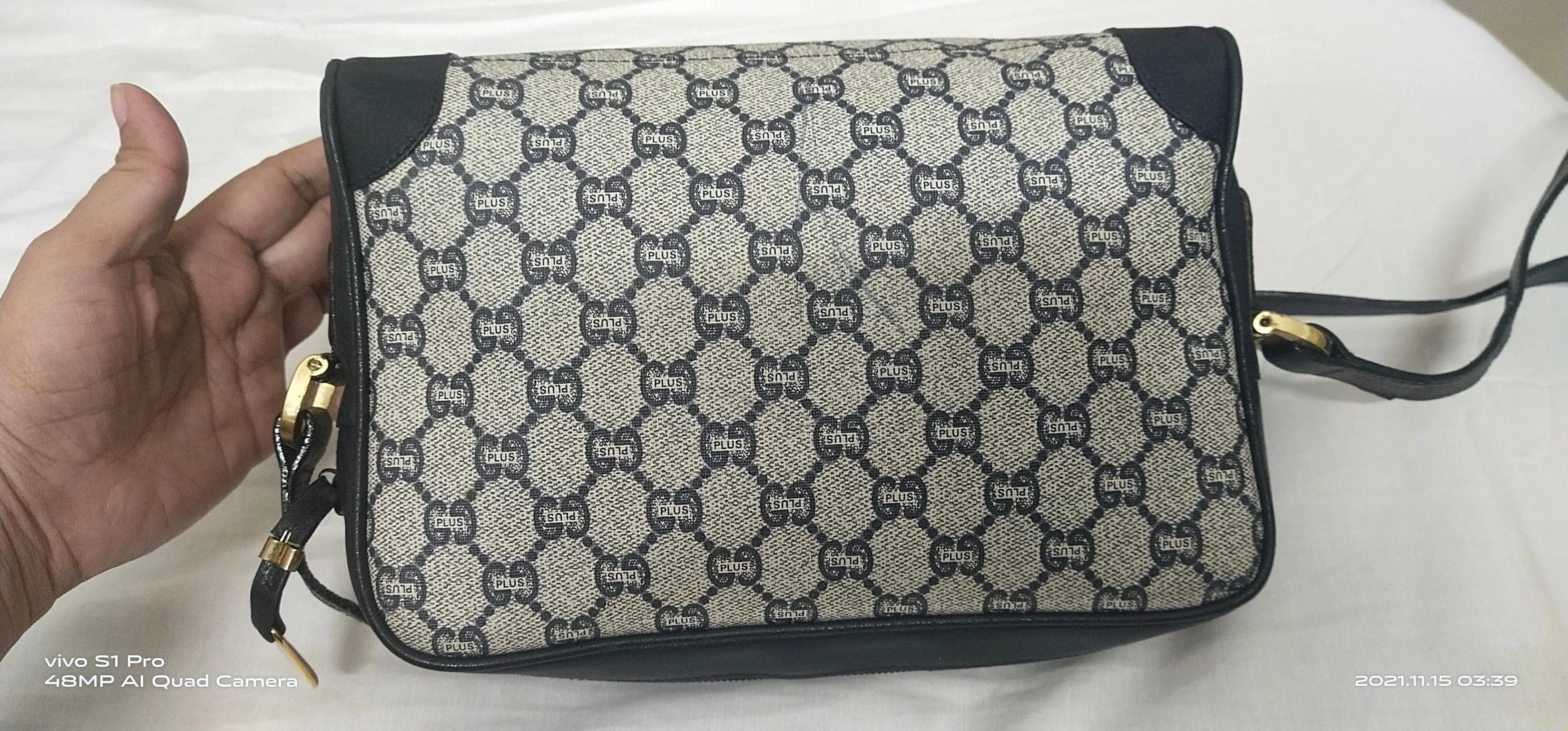 Authentic Vintage GUCCI PLUS Web Navy GG PLUS Monogram Canvas Crossbody Bag 