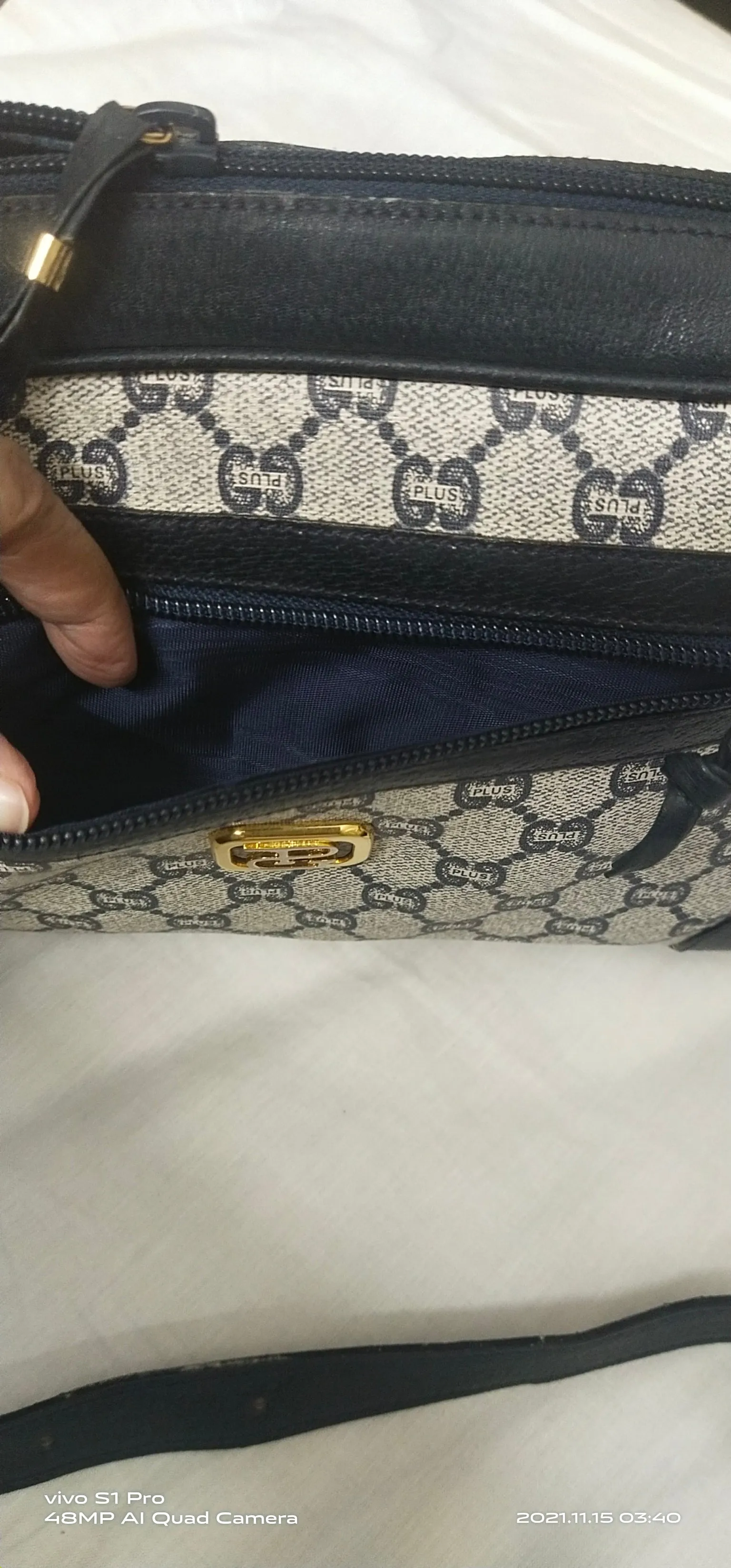 Authentic Vintage GUCCI PLUS Web Navy GG PLUS Monogram Canvas Crossbody Bag 