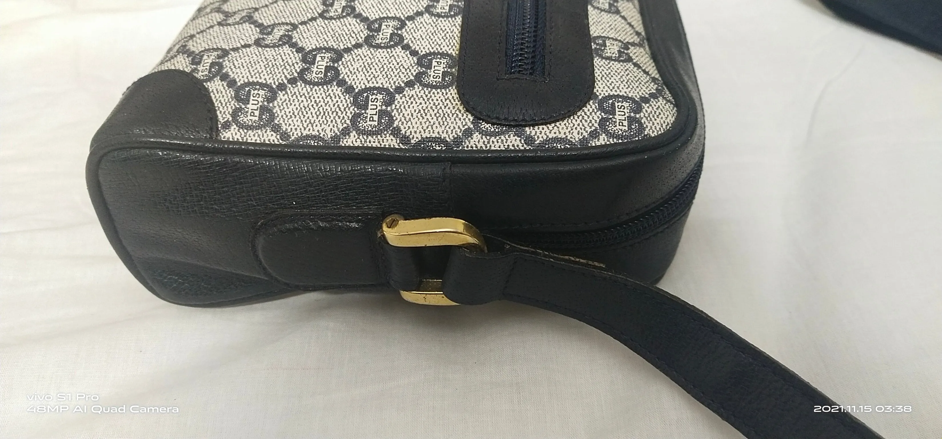 Authentic Vintage GUCCI PLUS Web Navy GG PLUS Monogram Canvas Crossbody Bag 