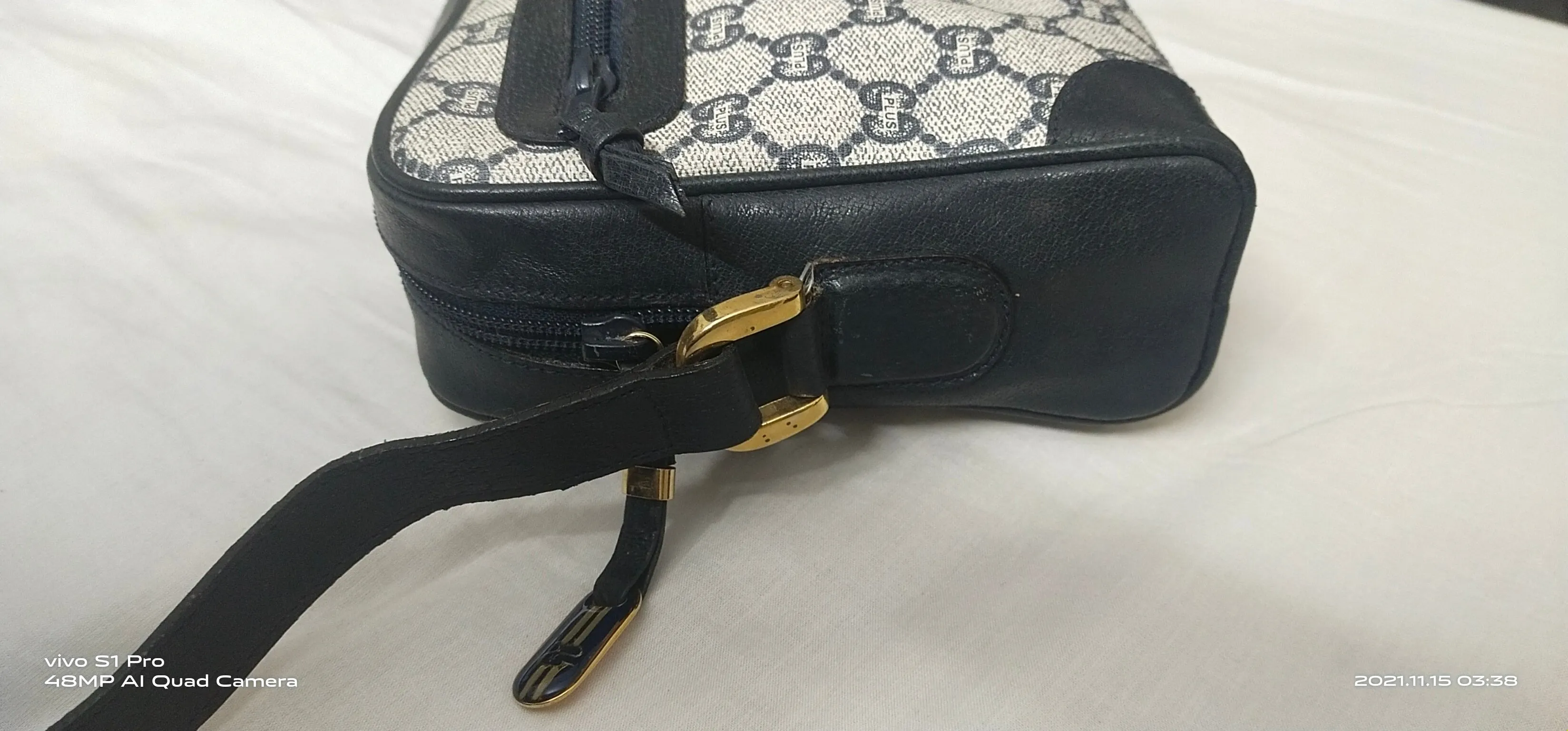 Authentic Vintage GUCCI PLUS Web Navy GG PLUS Monogram Canvas Crossbody Bag 