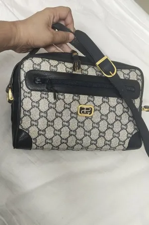 Authentic Vintage GUCCI PLUS Web Navy GG PLUS Monogram Canvas Crossbody Bag 