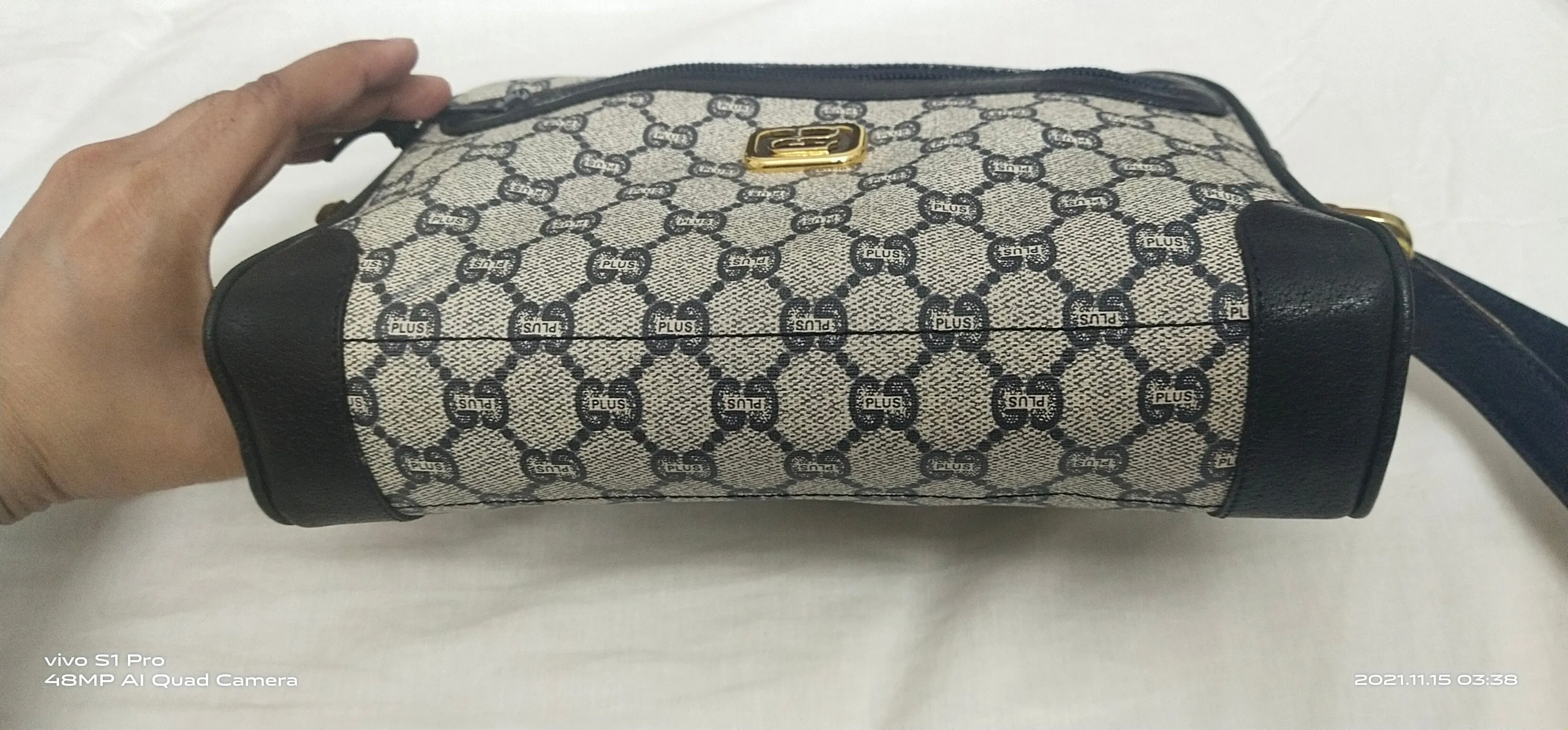 Authentic Vintage GUCCI PLUS Web Navy GG PLUS Monogram Canvas Crossbody Bag 