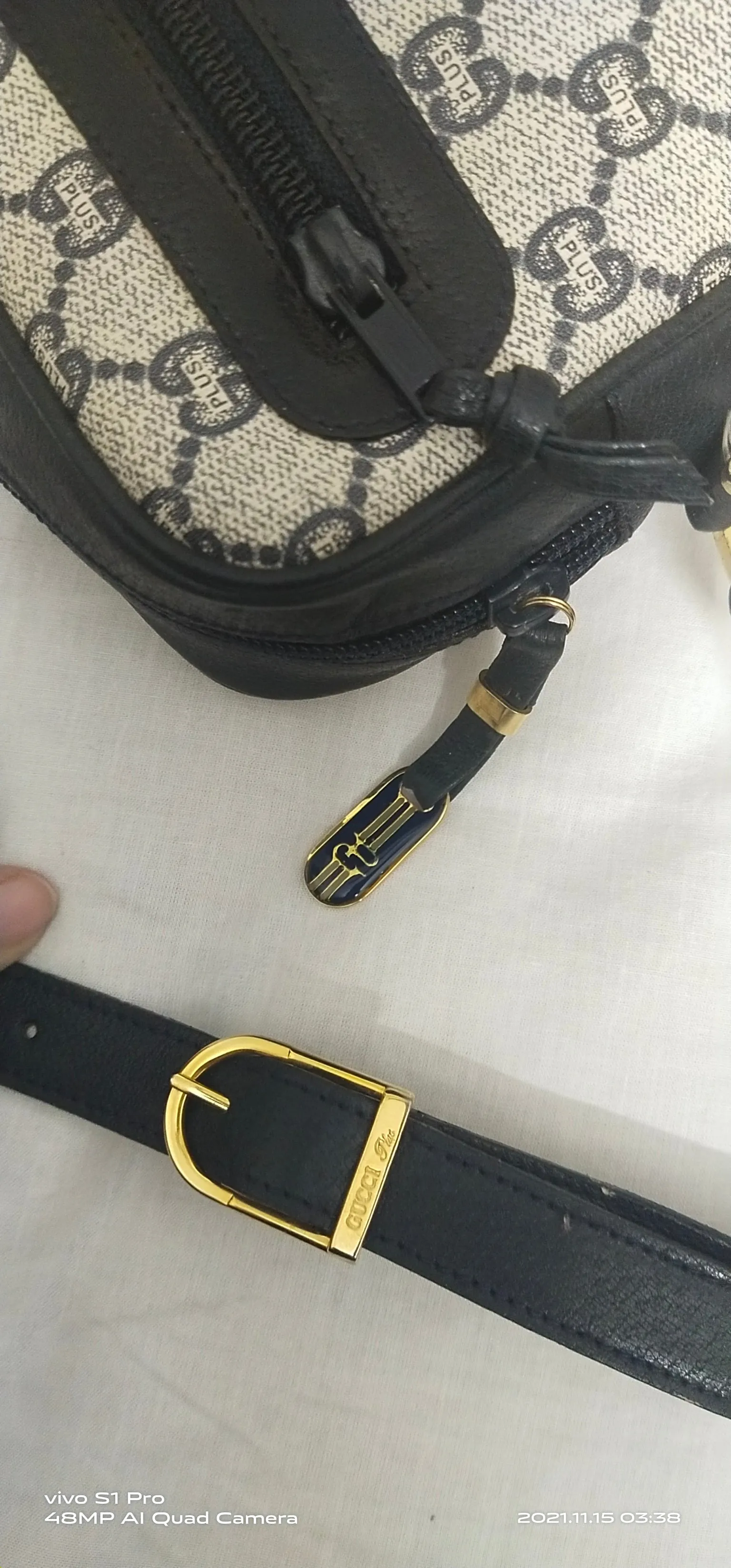 Authentic Vintage GUCCI PLUS Web Navy GG PLUS Monogram Canvas Crossbody Bag 