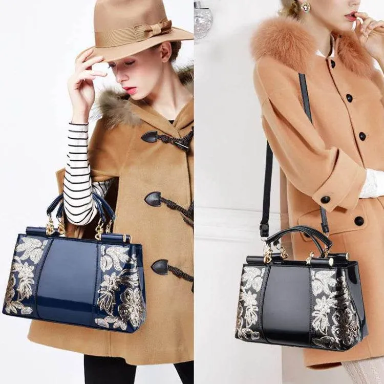 Elegant Shiny Leather Handbag with Unique Sequin Embroidery for Women