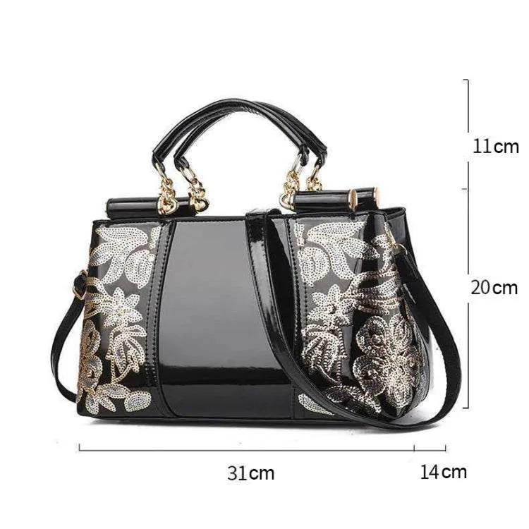 Elegant Shiny Leather Handbag with Unique Sequin Embroidery for Women