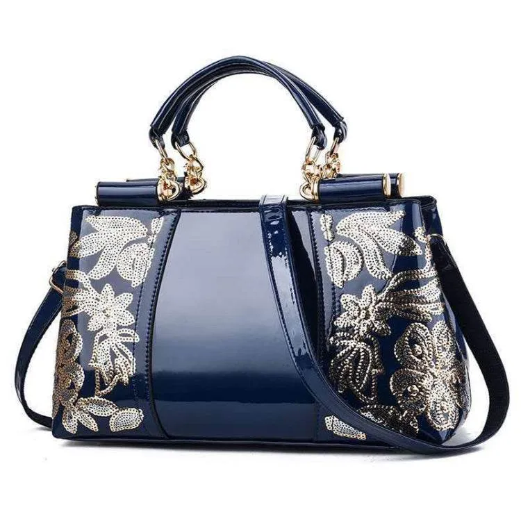 Elegant Shiny Leather Handbag with Unique Sequin Embroidery for Women