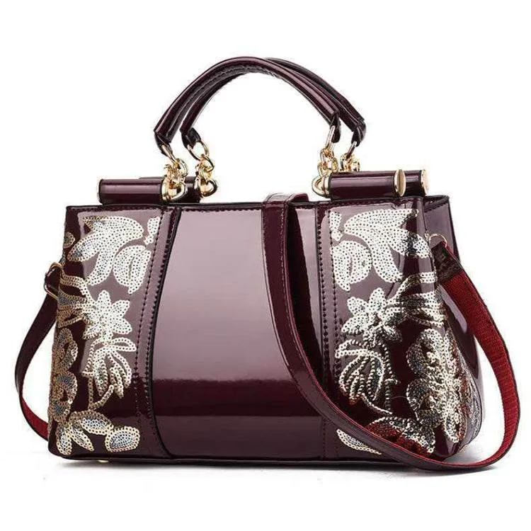 Elegant Shiny Leather Handbag with Unique Sequin Embroidery for Women