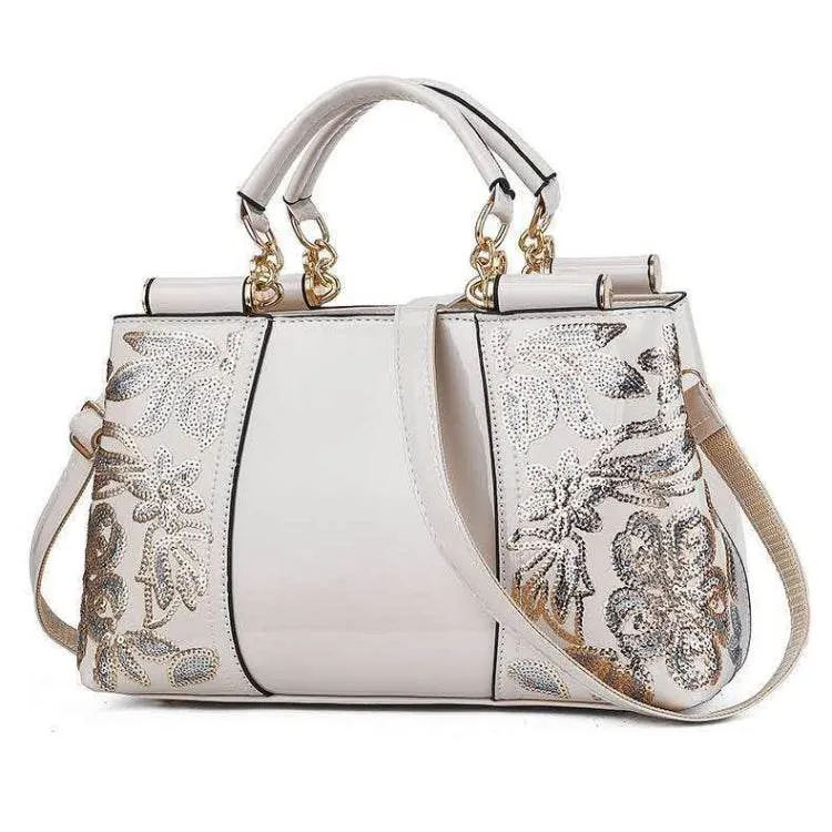Elegant Shiny Leather Handbag with Unique Sequin Embroidery for Women
