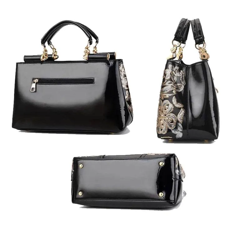 Elegant Shiny Leather Handbag with Unique Sequin Embroidery for Women