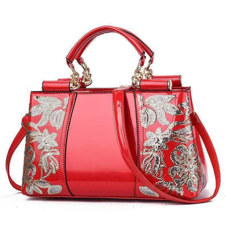 Elegant Shiny Leather Handbag with Unique Sequin Embroidery for Women