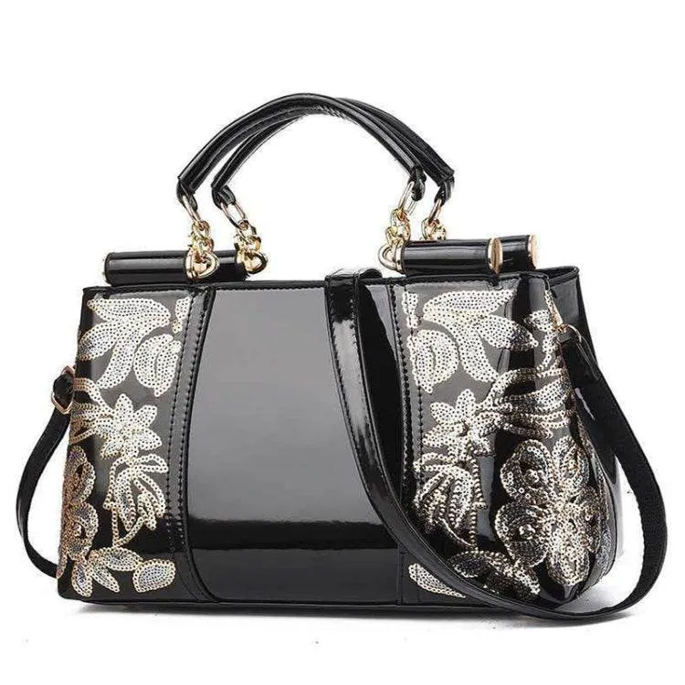 Elegant Shiny Leather Handbag with Unique Sequin Embroidery for Women