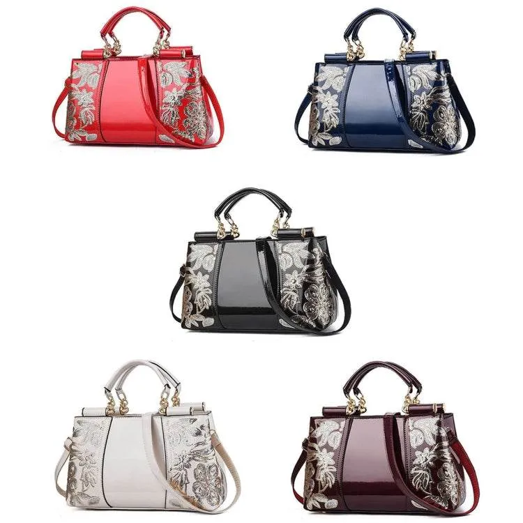 Elegant Shiny Leather Handbag with Unique Sequin Embroidery for Women