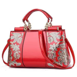 Elegant Shiny Leather Handbag with Unique Sequin Embroidery for Women