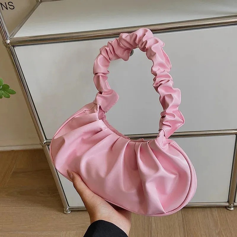 Pleated Fashion Saddle Underarm Handbags for Women TPU Leather Shoulder Dumpling Bags