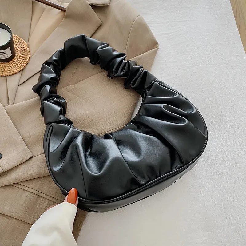 Pleated Fashion Saddle Underarm Handbags for Women TPU Leather Shoulder Dumpling Bags
