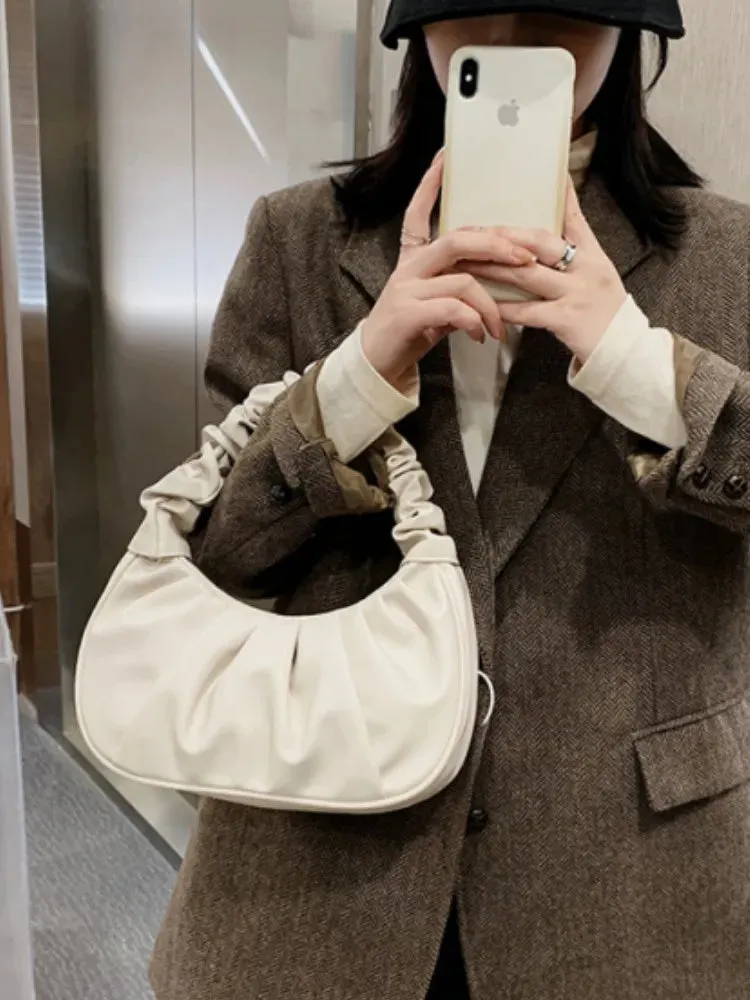 Pleated Fashion Saddle Underarm Handbags for Women TPU Leather Shoulder Dumpling Bags